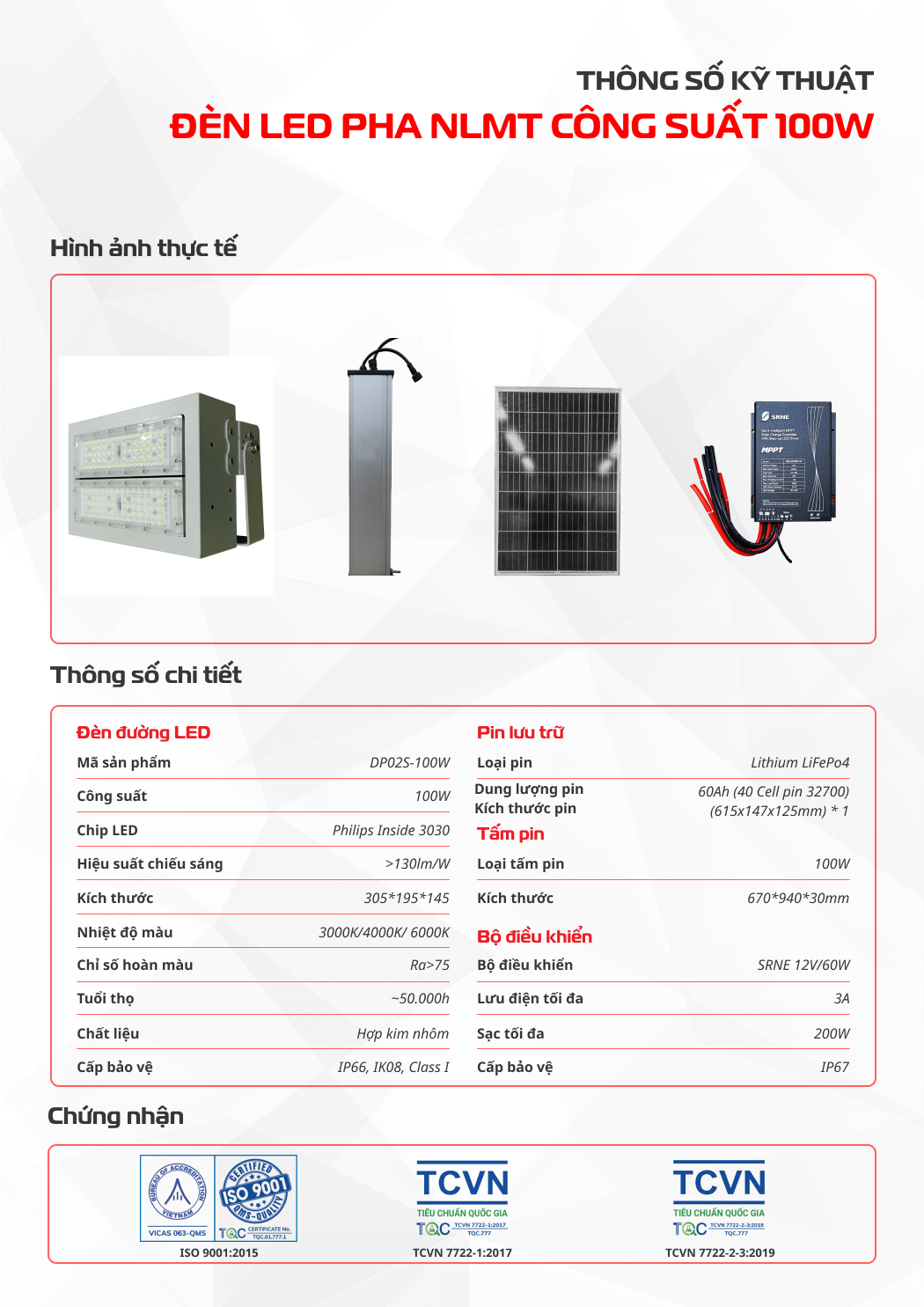 Đèn LED pha sân bóng năng lượng mặt trời 100W